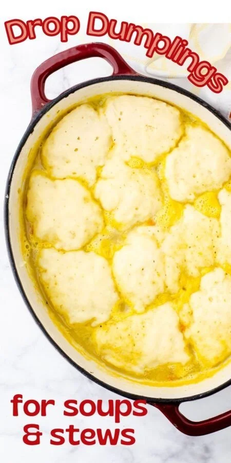 Bowl of soup topped with homemade drop dumplings for a comforting meal.
