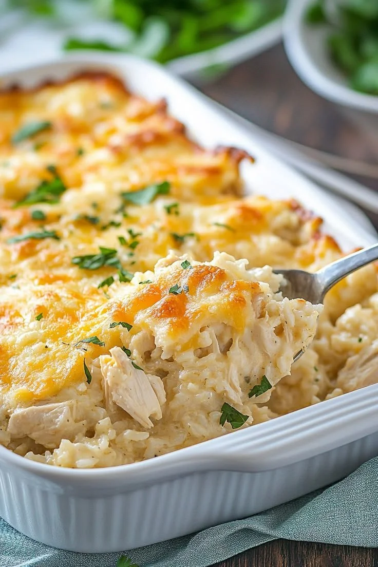 Angel Chicken Rice Casserole topped with herbs and spices