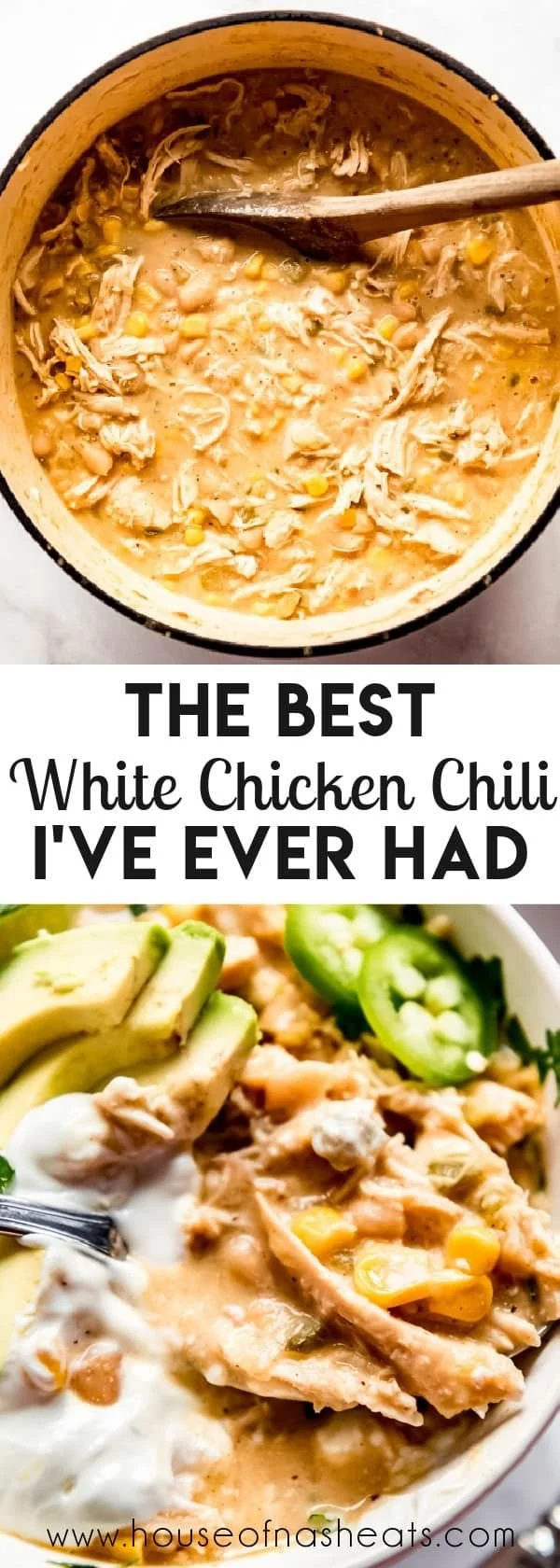 Delicious white chicken chili served in a bowl with toppings