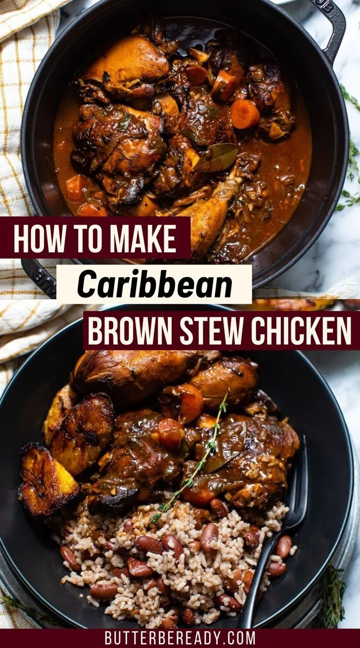 Delicious brown stew chicken served with rice and vegetables