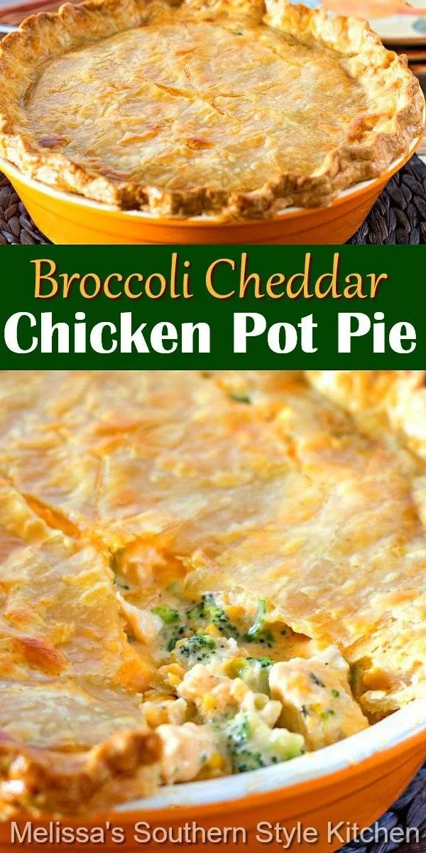 Cheesy broccoli cheddar chicken pot pie topped with golden crust