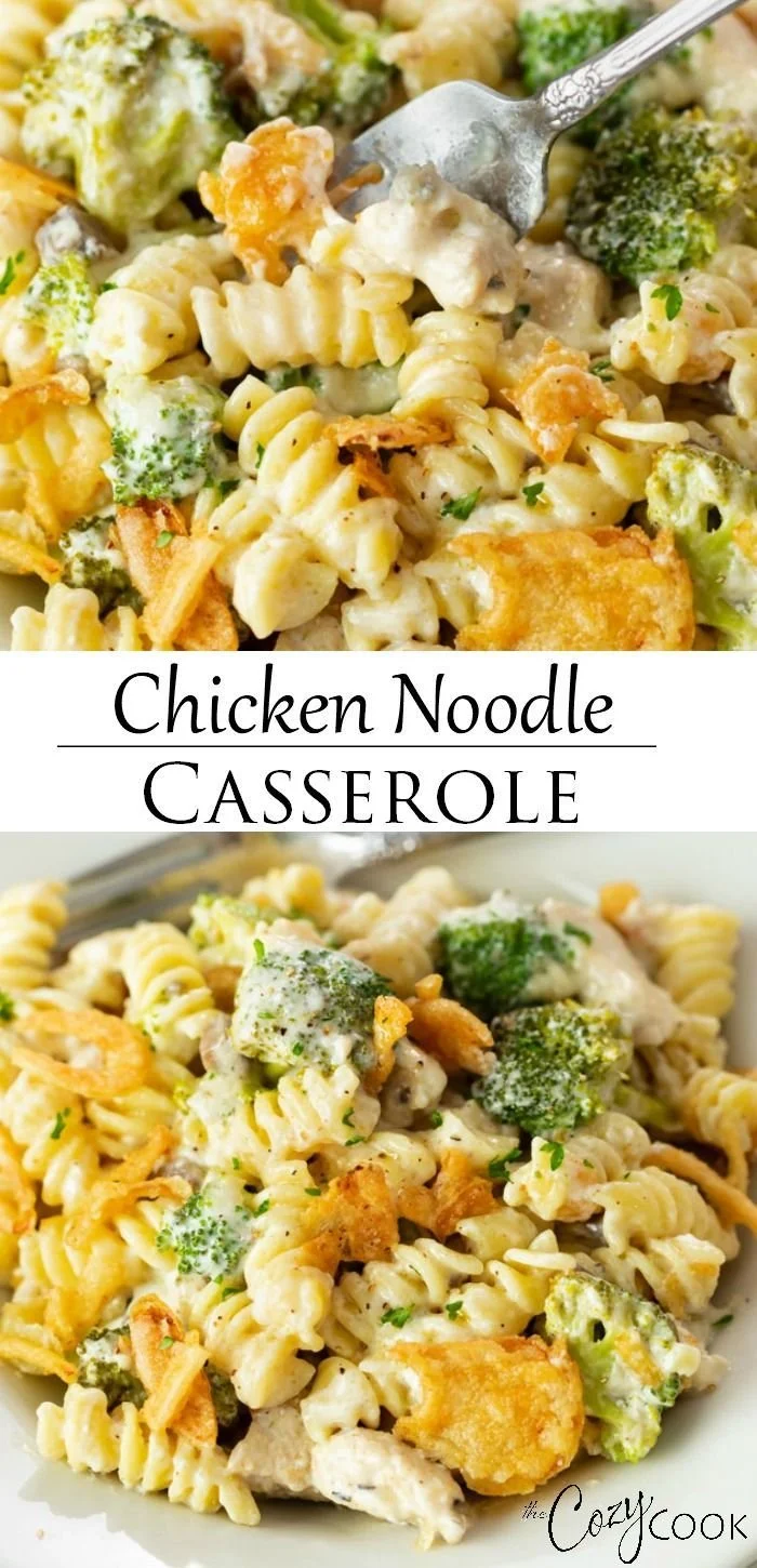 Delicious cheesy chicken noodle casserole dish ready to serve.