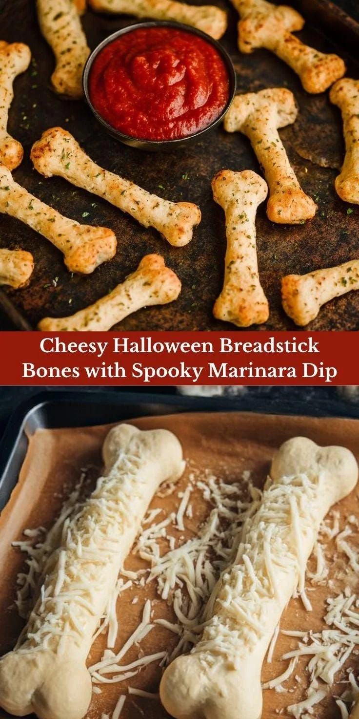 Cheesy Halloween breadstick bones served on a festive plate