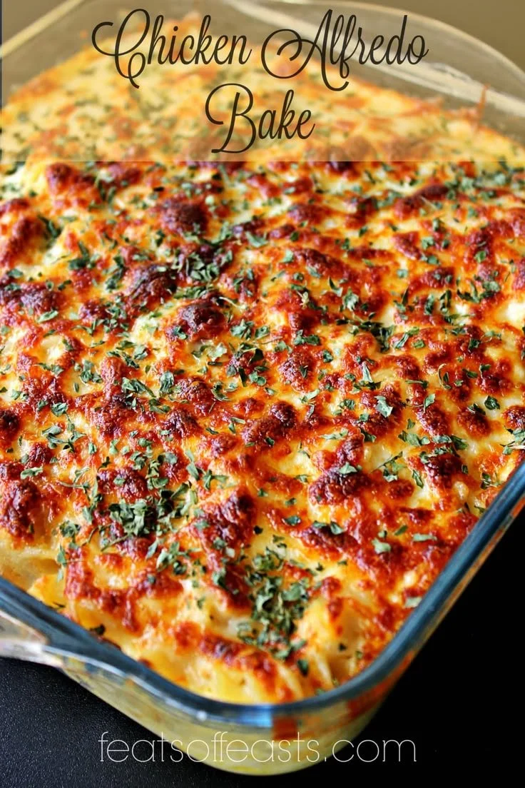 Creamy Chicken Alfredo Bake with fettuccini pasta and cheese topping
