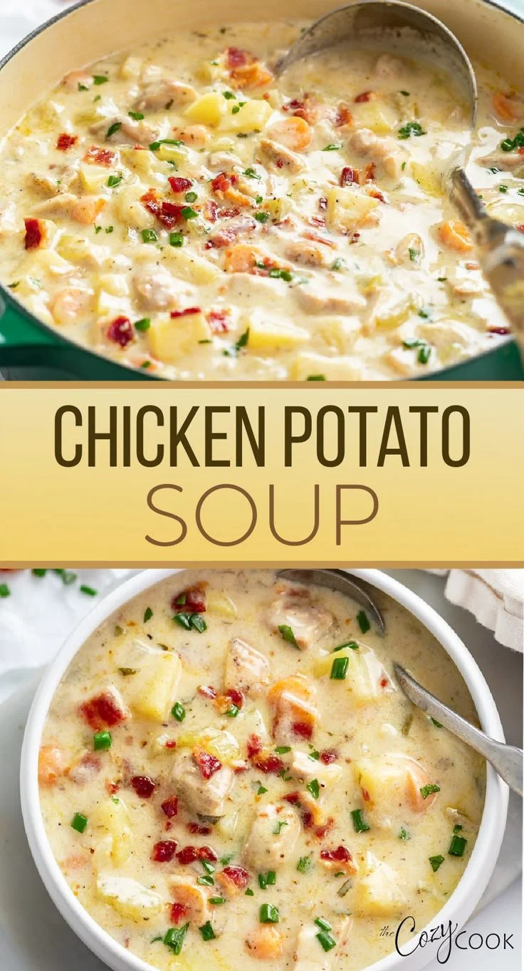 Delicious homemade chicken potato soup in a bowl with fresh herbs.