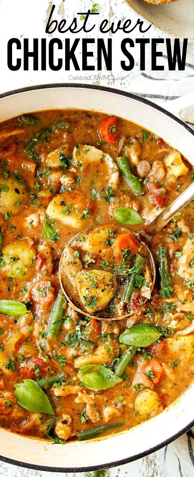 Delicious homemade chicken stew with vegetables in a rustic bowl.