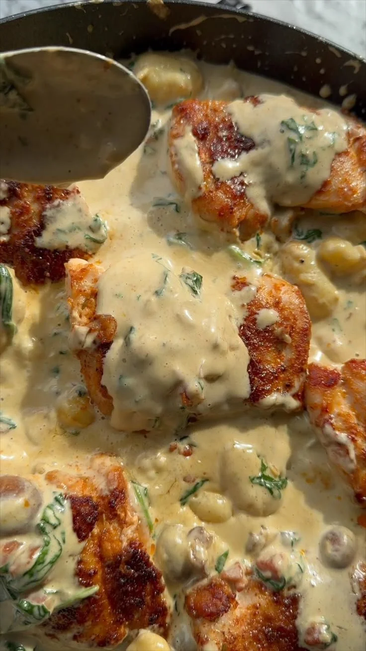 Creamy chicken gnocchi dish served in a bowl with herbs