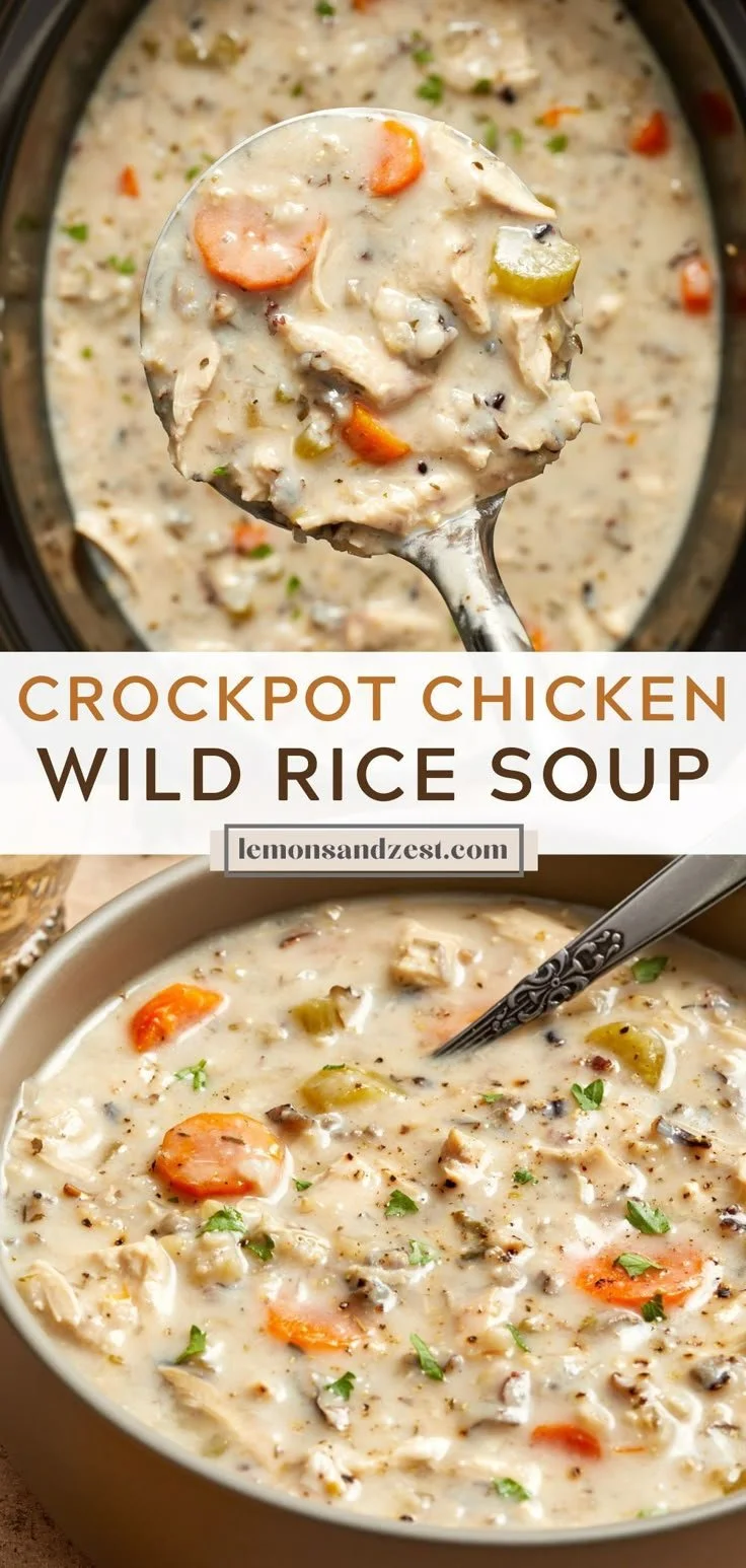Bowl of creamy crockpot chicken wild rice soup topped with fresh herbs.