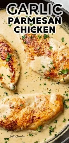 Creamy garlic parmesan chicken served with lemon and herbs