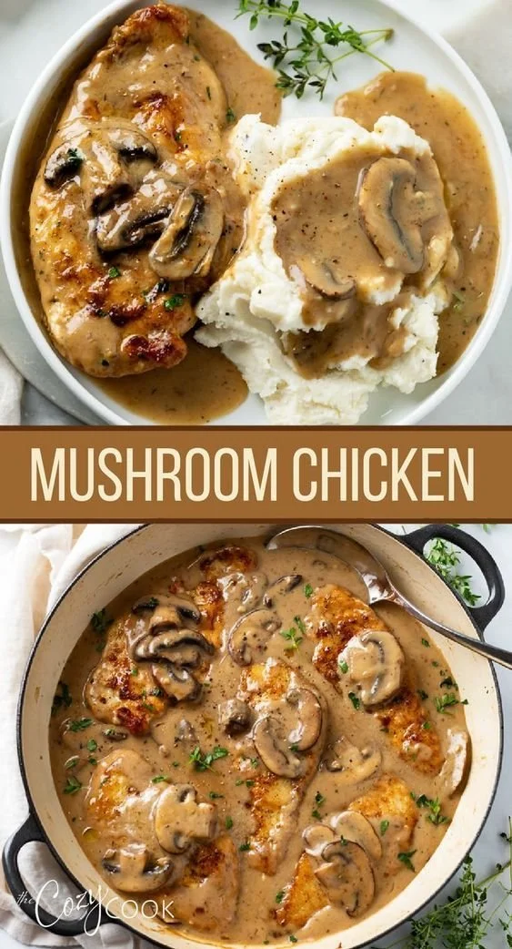 Creamy mushroom chicken served with mashed potatoes on a plate