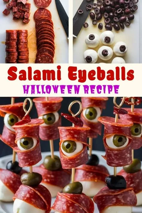 Halloween appetizer of salami skewers shaped like creepy eyeballs