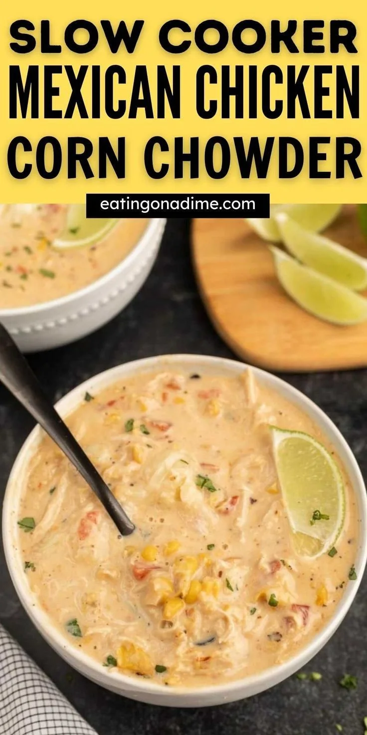 Bowl of Crock Pot Mexican Chicken Corn Chowder topped with cilantro and lime.