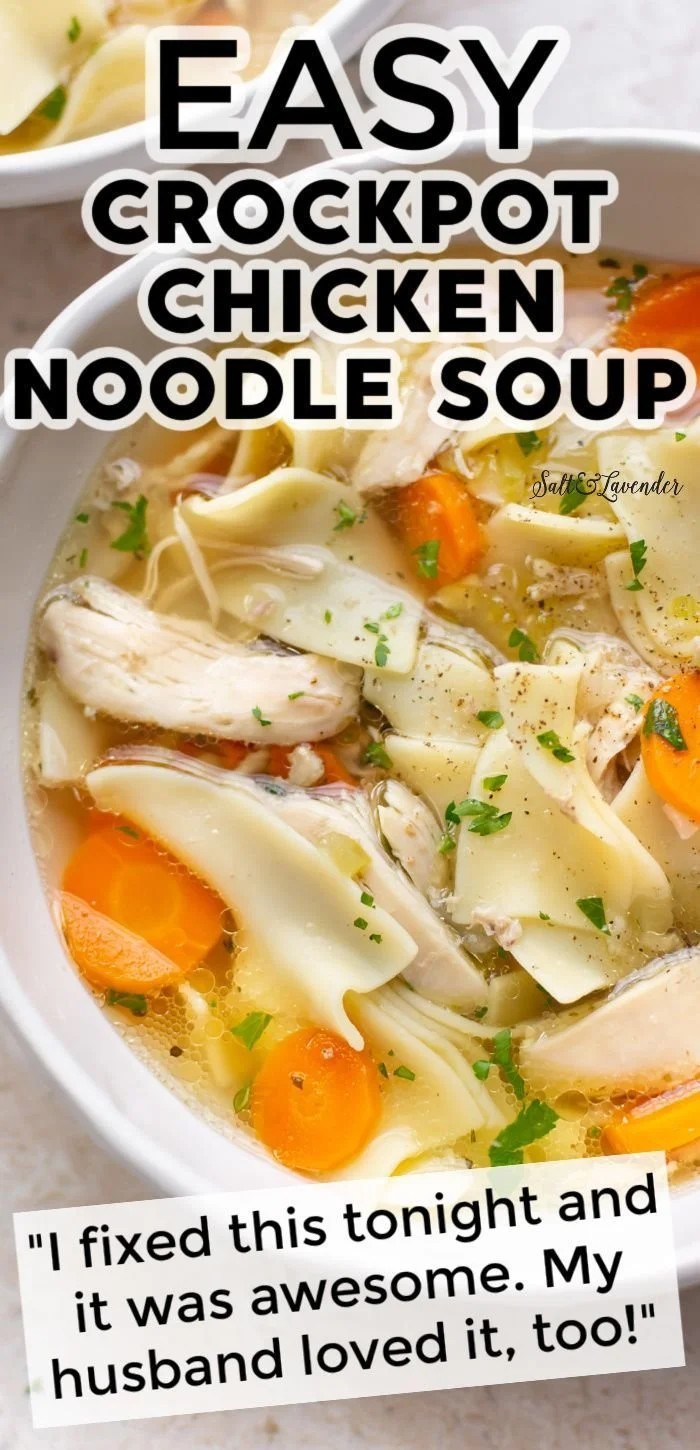 Crockpot Chicken Noodle Soup in a bowl garnished with parsley