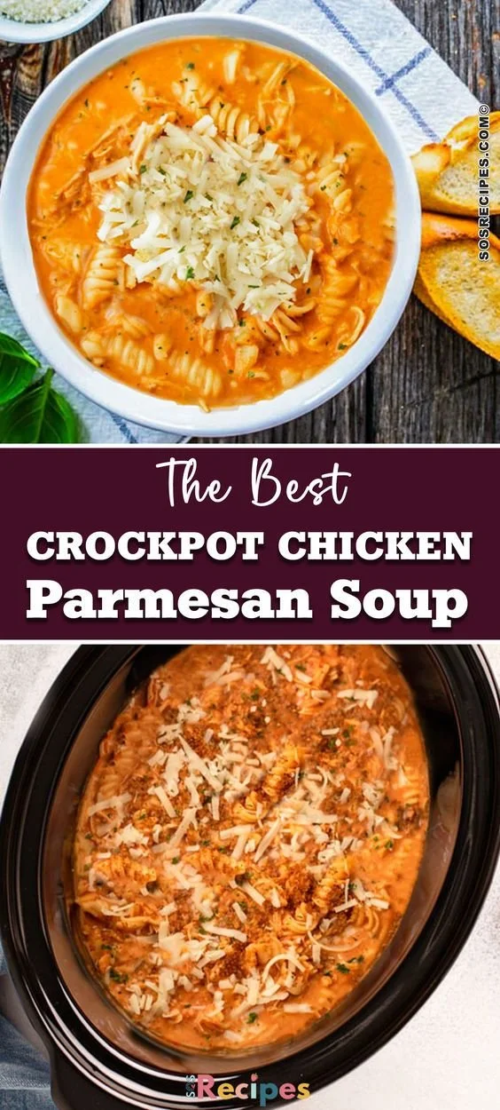 Bowl of delicious Crockpot Chicken Parmesan Soup garnished with basil