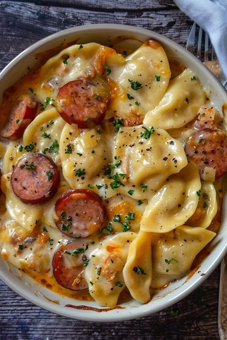 Delicious Crockpot Pierogi Casserole with Kielbasa ready to serve