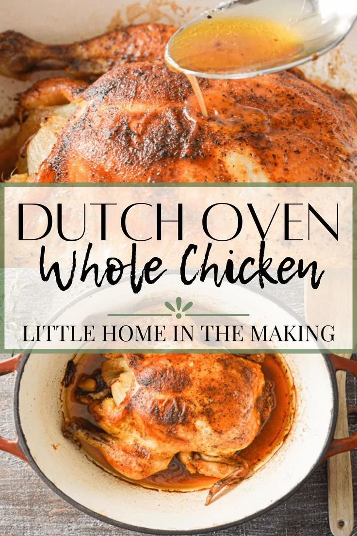 Delicious Dutch Oven Roasted Whole Chicken, perfectly cooked and golden brown.