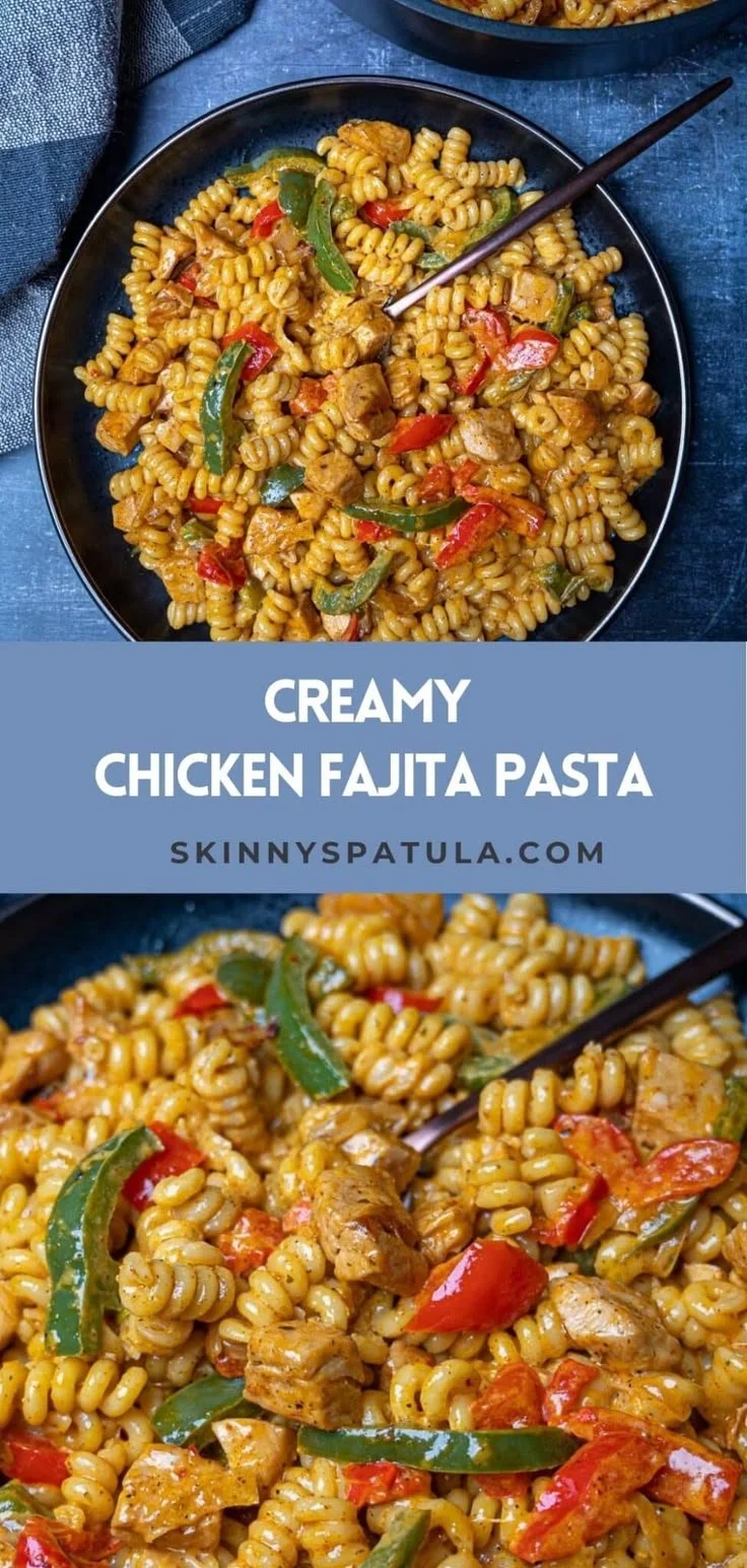 Bowl of creamy chicken fajita pasta topped with fresh cilantro and peppers