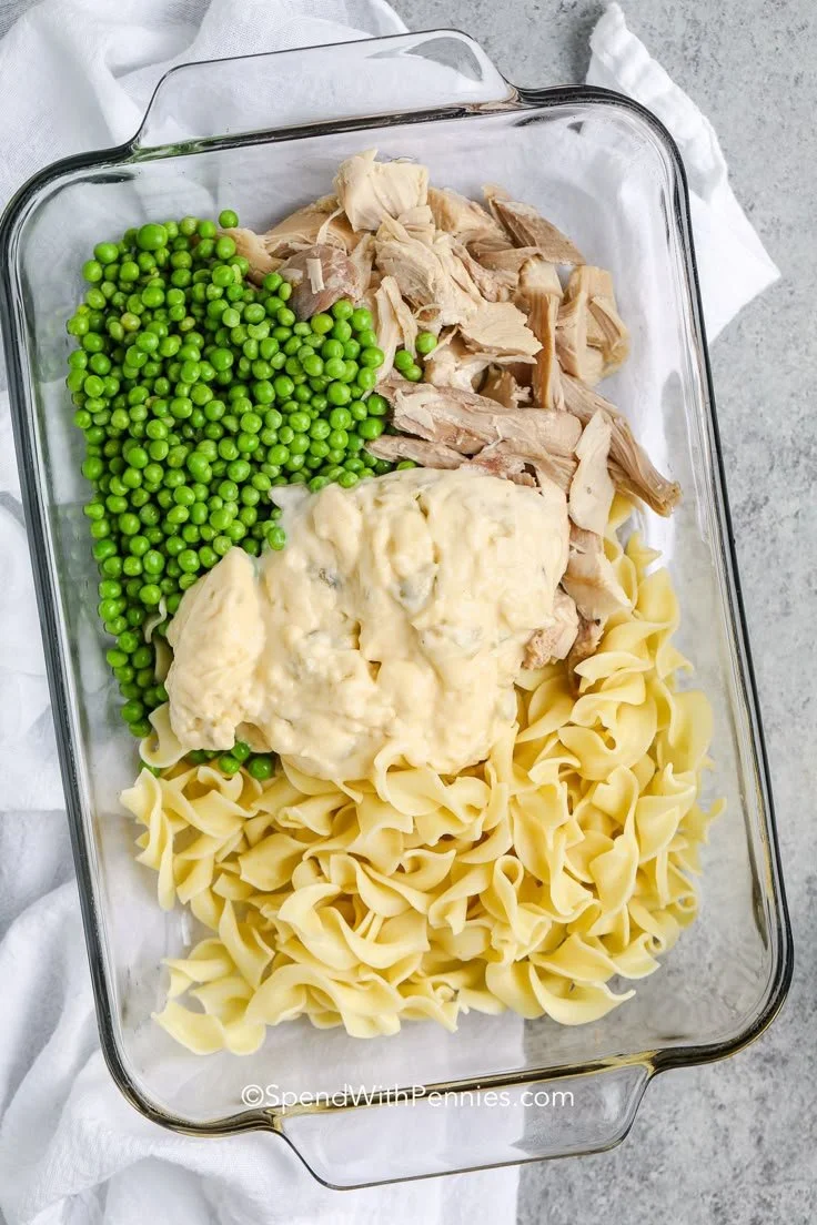 Easy chicken noodle casserole dish ready for serving, ideal for weeknight dinners.