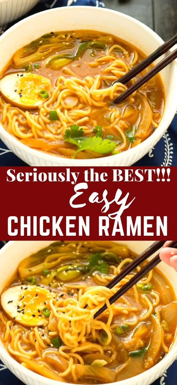 Bowl of easy chicken ramen topped with green onions and soft-boiled egg