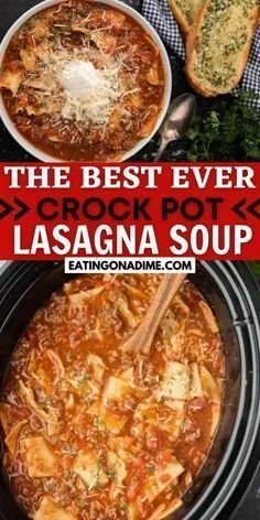 Delicious easy crock pot lasagna soup ready to be served in a bowl.