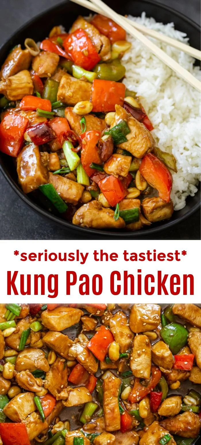 Bowl of Easy Kung Pao Chicken garnished with peanuts and green onions