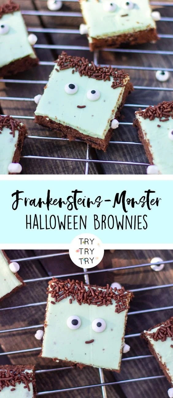 Frankensteins Monster-Brownies decorated for Halloween
