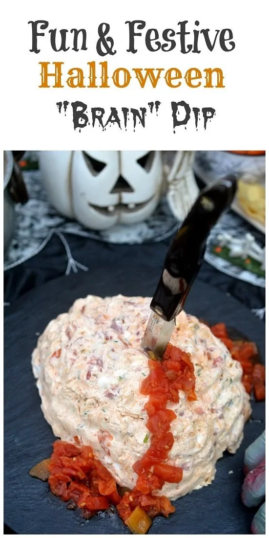 Delicious brain dip recipe for Halloween, served in a festive bowl.