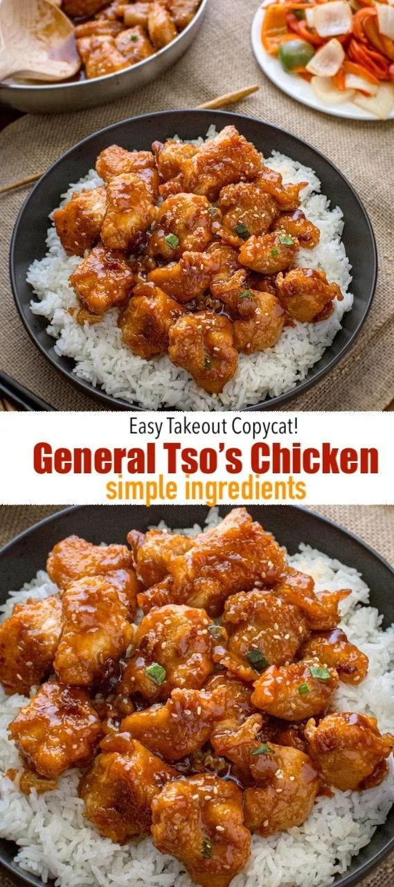 Homemade General Tso's Chicken served with vegetables and rice.