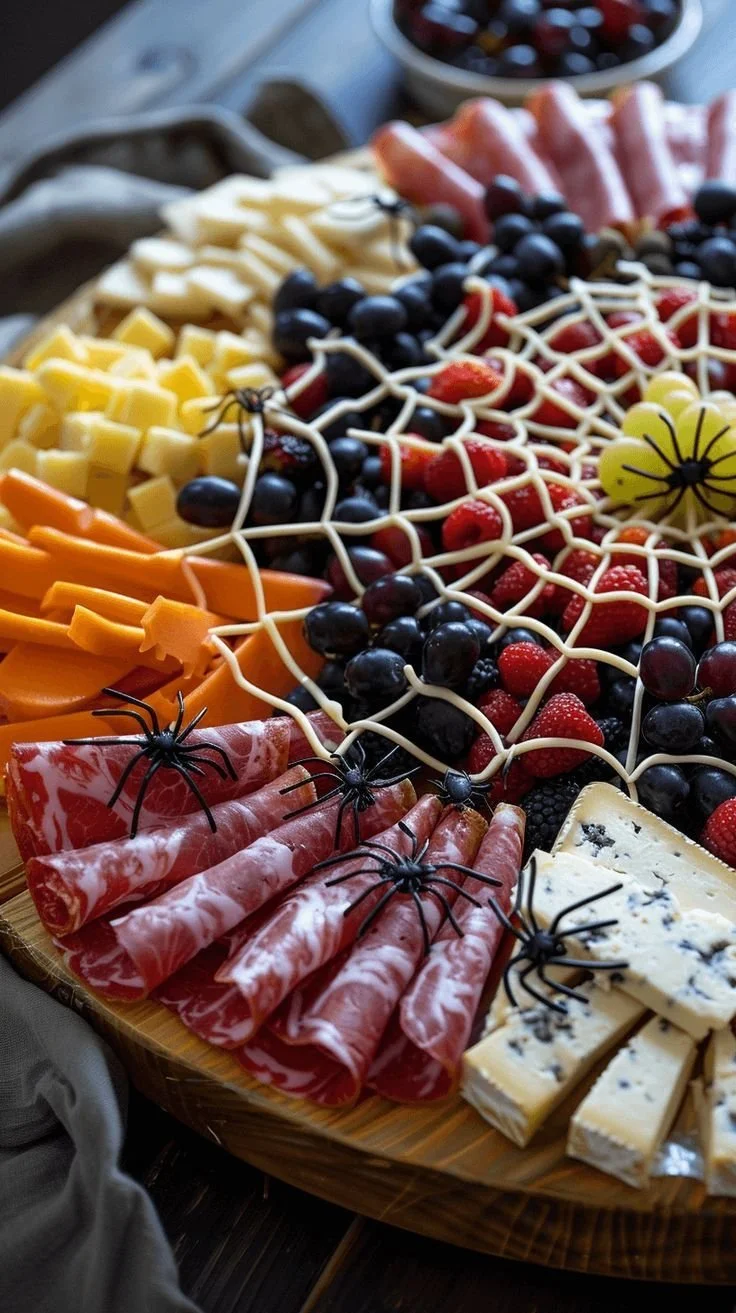 Halloween charcuterie board featuring spooky themes and healthy antipasto options