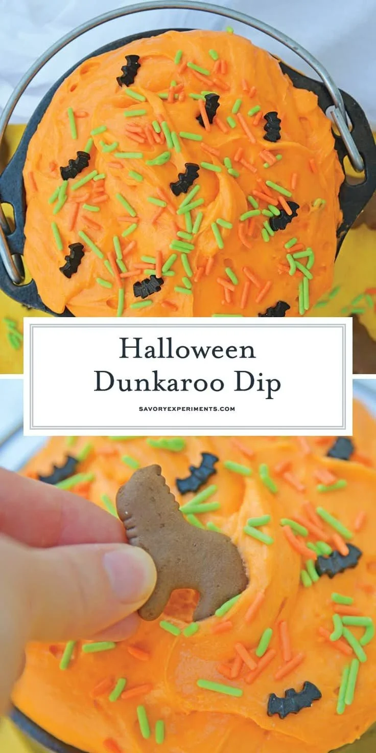 Delicious Halloween Cake Dip - Cake Batter Dip served in festive bowls.