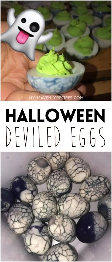 Halloween deviled eggs with spider web design and green marbled effect