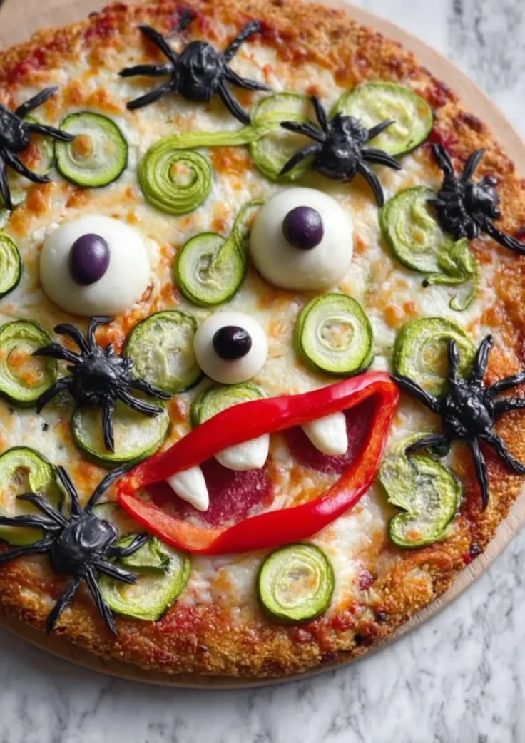 Halloween Graveyard Pizza with spooky decorations and toppings for Halloween