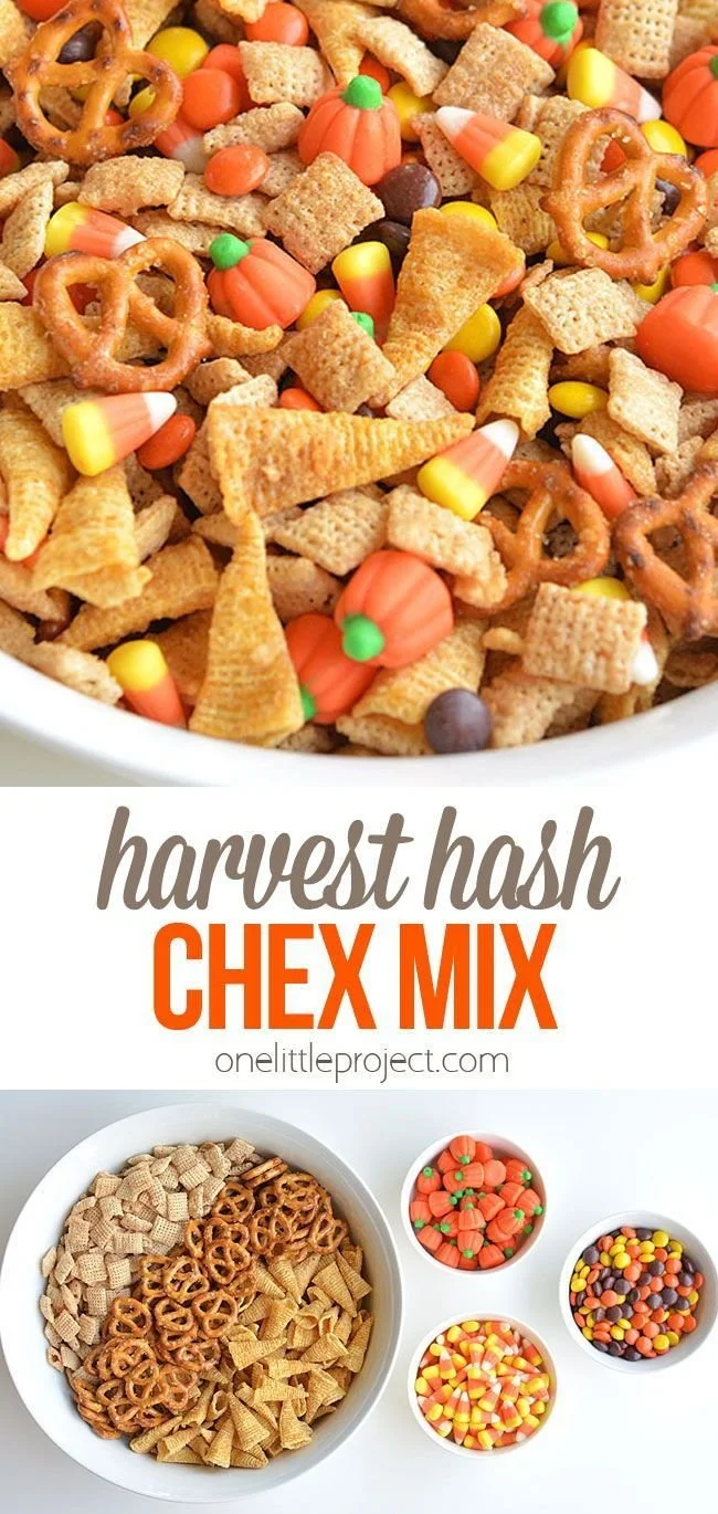 Halloween Harvest Hash Chex Mix with festive candies and snacks.