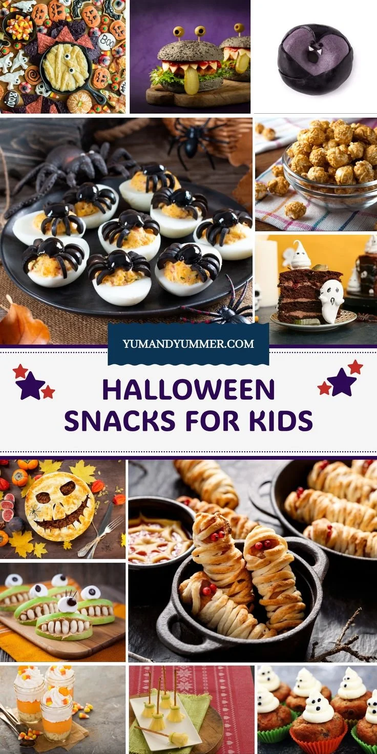 Colorful Halloween snacks for kids displayed on a festive table