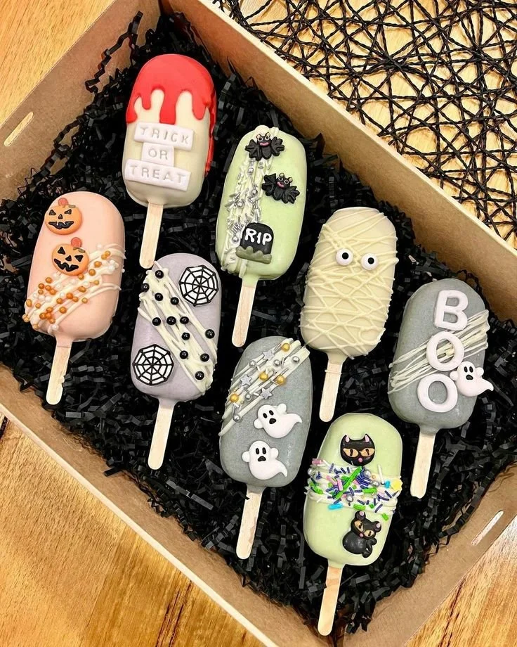 Halloween-themed chocolate strawberry cake popsicles on a festive table