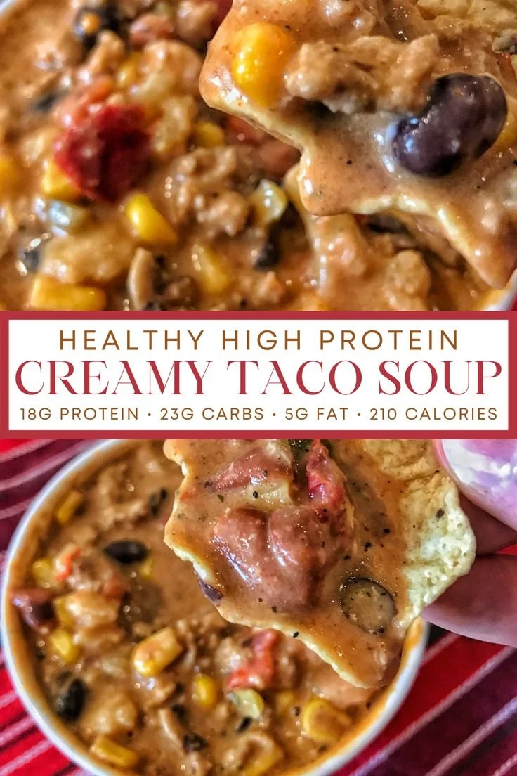 Bowl of healthy high protein creamy taco soup garnished with cilantro and lime