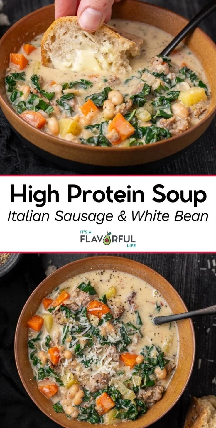 Bowl of high protein white bean soup garnished with herbs