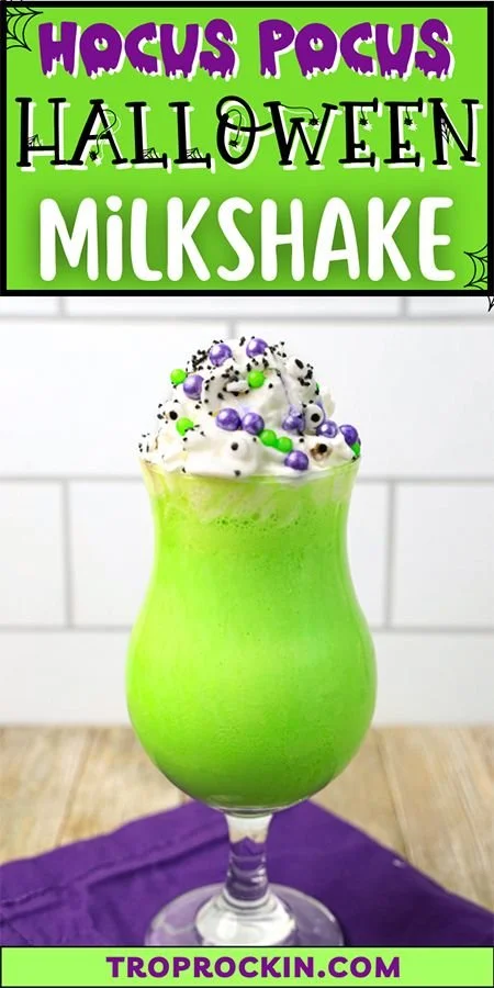 Hocus Pocus Halloween milkshake topped with spooky decorations