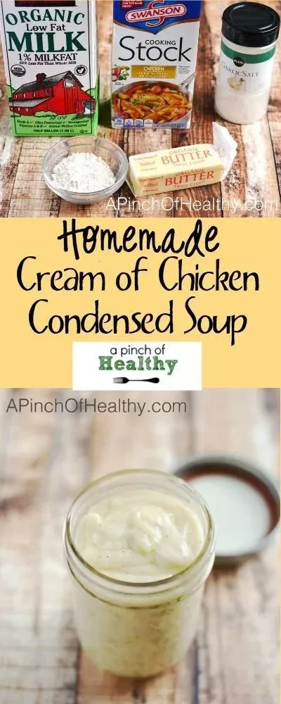 Bowl of homemade condensed cream chicken soup with fresh herbs and spices