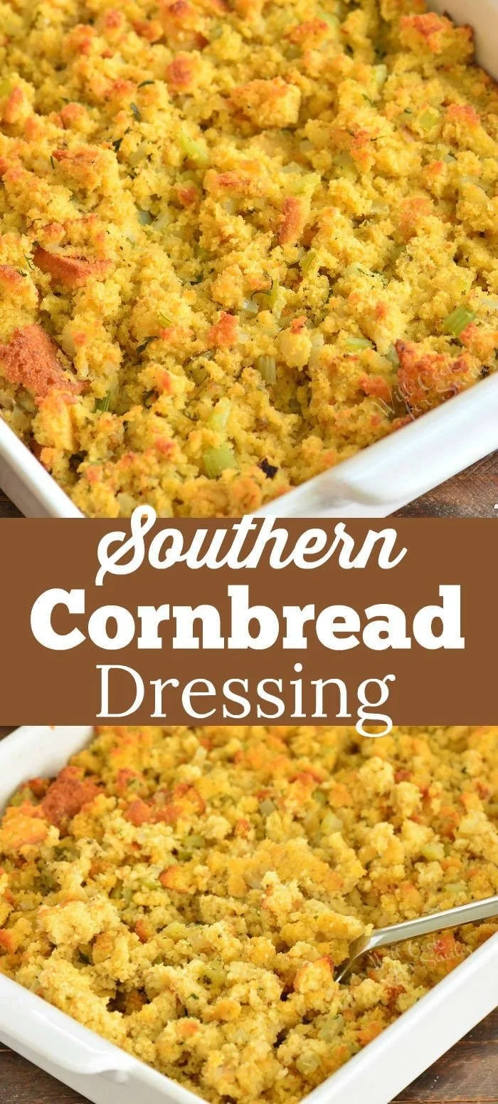Homemade cornbread dressing served in a casserole dish for Thanksgiving dinner.