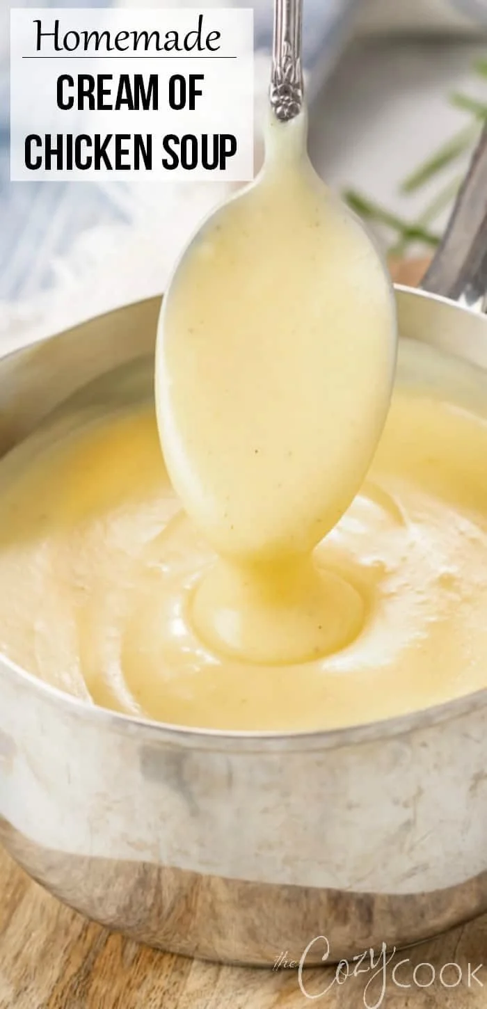 Homemade cream of chicken soup in a bowl with herbs and spices