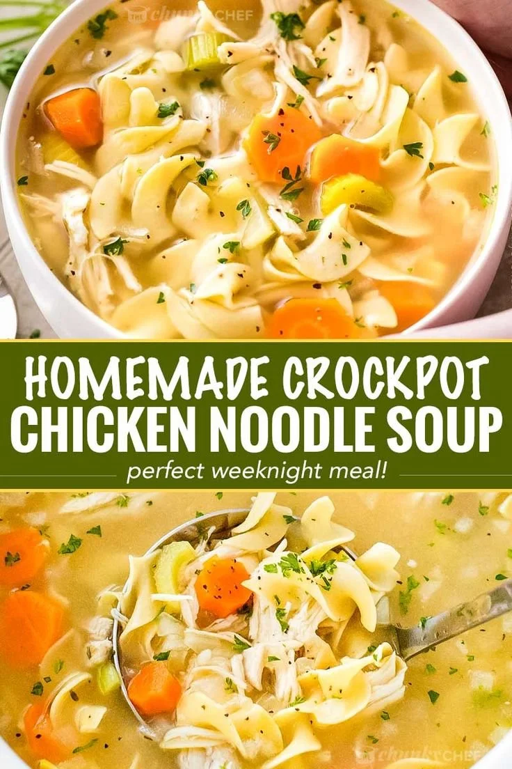 A bowl of homemade chicken noodle soup made in a crockpot.
