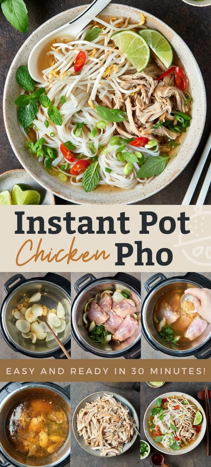 Bowl of homemade Instant Pot chicken pho ga with fresh herbs and lime