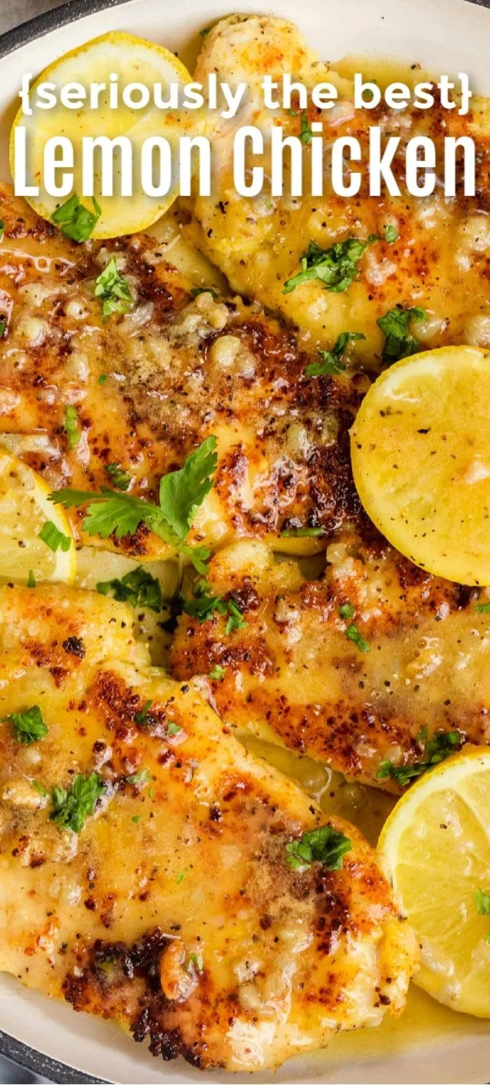 Plate of lemon chicken drizzled with lemon butter sauce