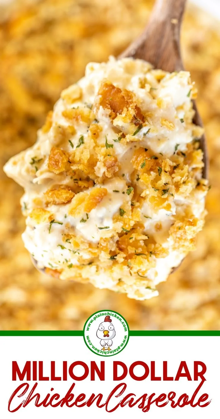 Delicious Million Dollar Chicken Casserole topped with cheese and breadcrumbs.