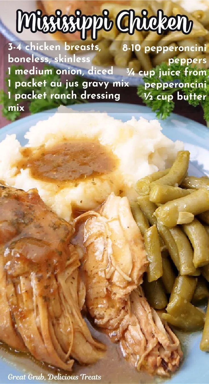 Delicious Mississippi Chicken served with rice and vegetables