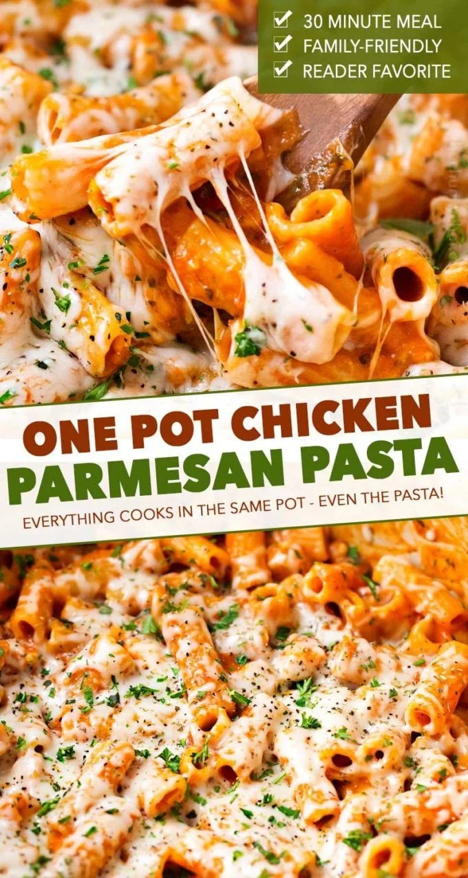 One pot chicken parmesan pasta dish garnished with parsley.