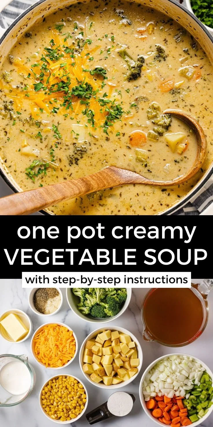 Bowl of One Pot Creamy Vegetable Soup garnished with fresh herbs