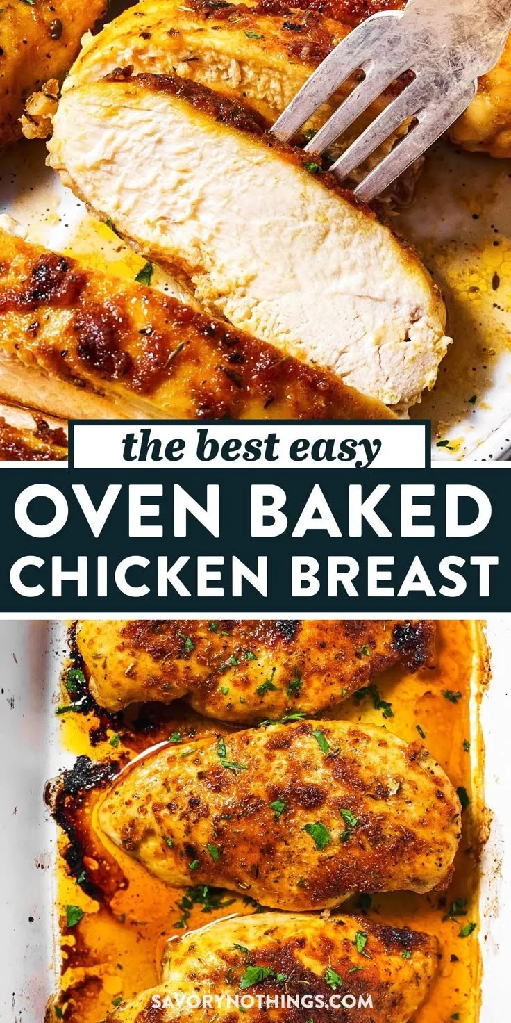 Delicious oven baked chicken breast on a plate with herbs and spices.