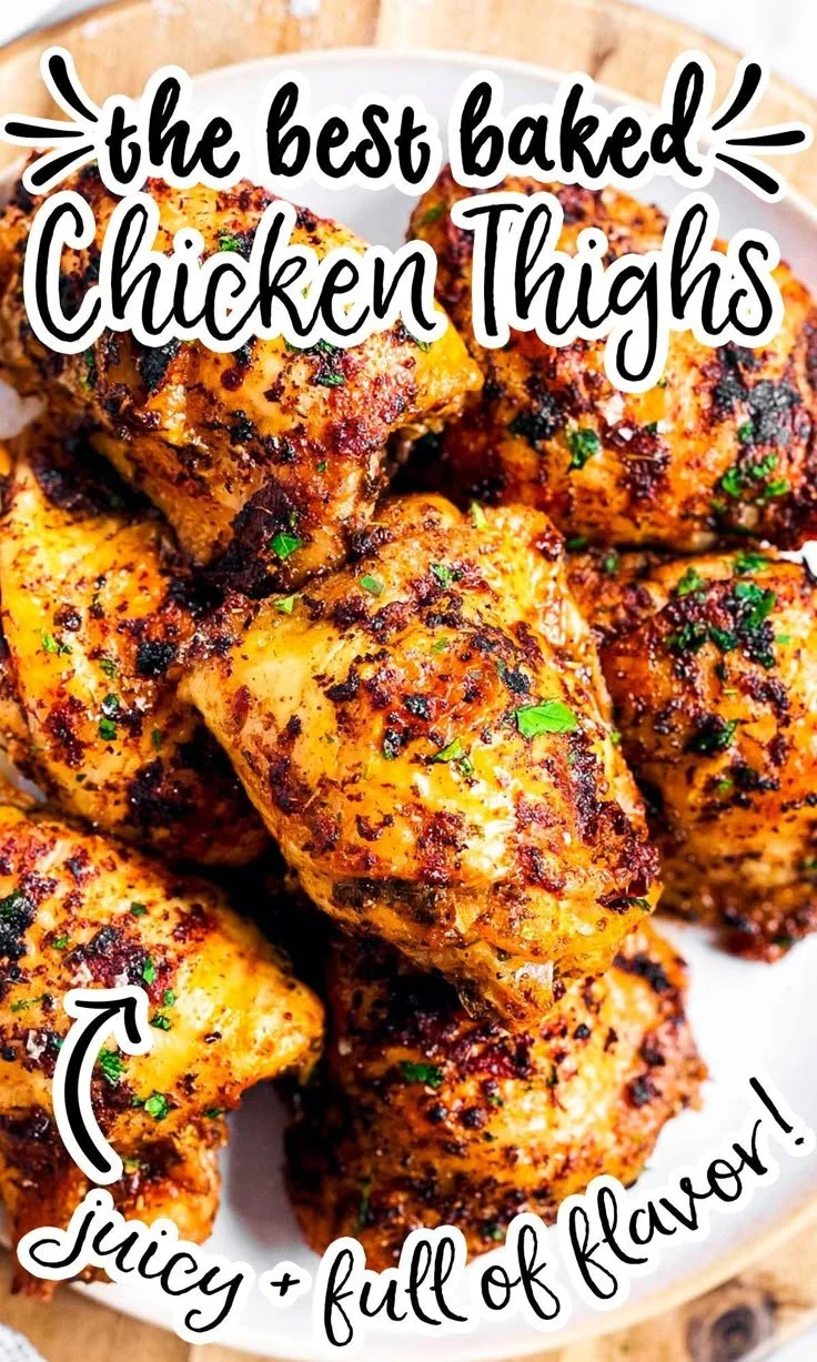Oven Baked Chicken Thighs garnished with herbs on a plate